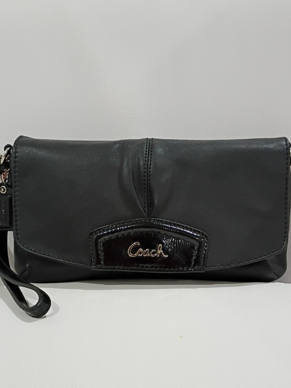 Coach Black Leather Wristlet Clutch with Patent Leather Trim And Silver Hardware